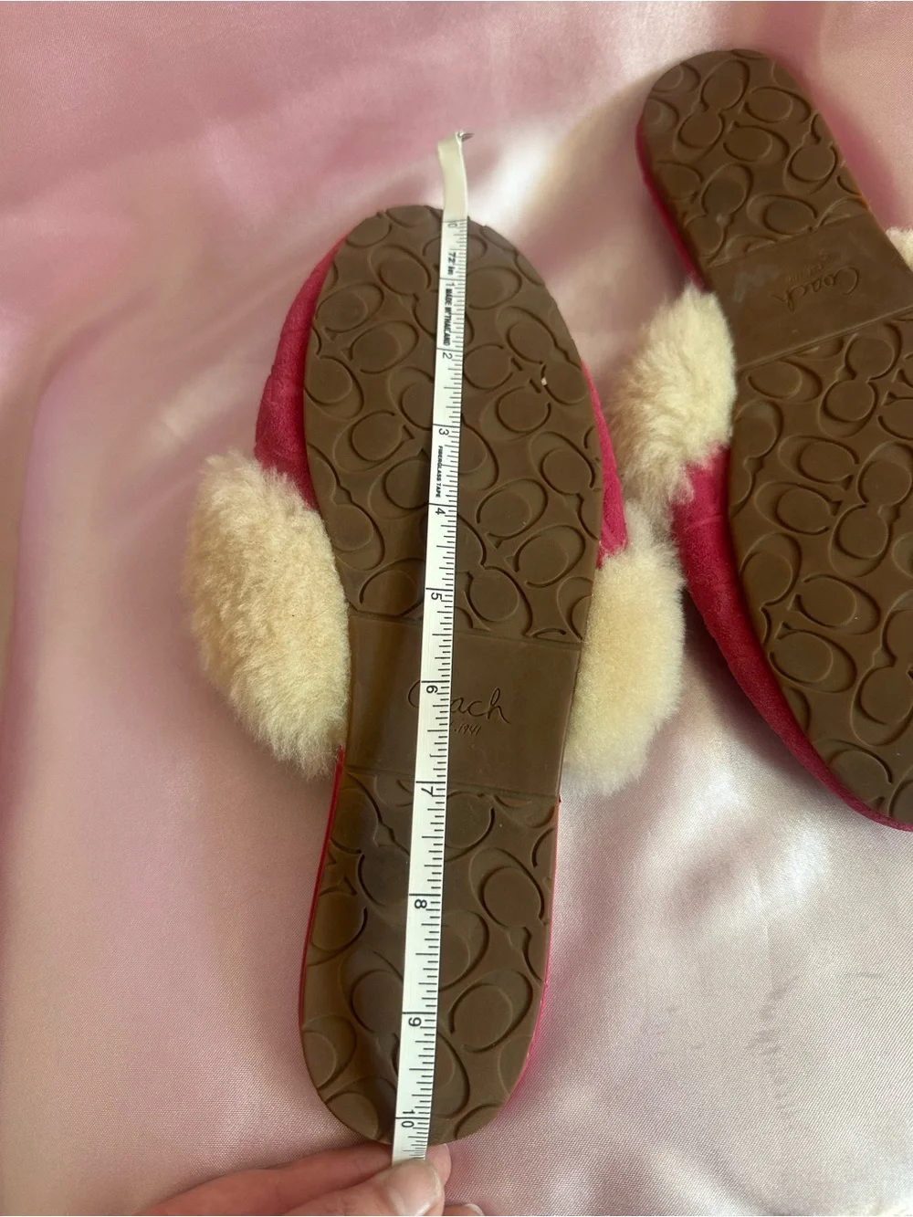 Coach CARRA signature C monogram embossed fur trim slide slippers